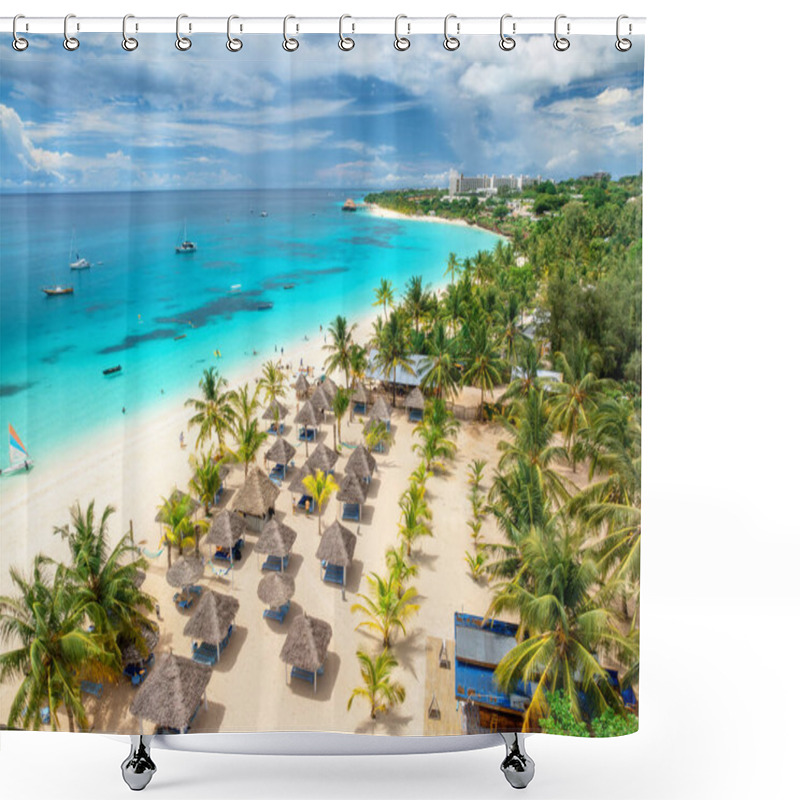 Personality  Aerial View Of White Sandy Beach With Palm Trees, Umbrellas, Yachts, Boats, Blue Ocean, Sky With Clouds At Sunset. Summer Holiday In Kendwa, Zanzibar Island. Tropical Landscape. Clear Sea. Top View Shower Curtains