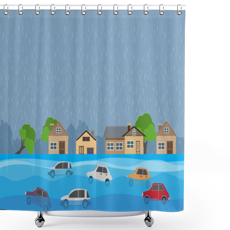 Personality  Flood Natural Disaster With House, Heavy Rain And Storm , Damage With Home, Clouds And Rain, Flooding Water In City, Flooded House. Shower Curtains