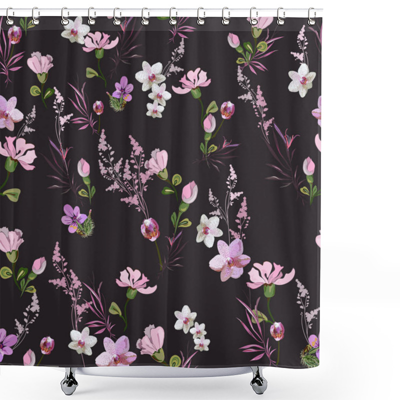 Personality  Bright Floral Pattern With Small Pink Flowers Of Orchids, Violets, Roses And Buds On A Dark Background. Seamless Vector With Various Botanical Elements Arranged Randomly. For Textile, Wallpaper, Tile Shower Curtains