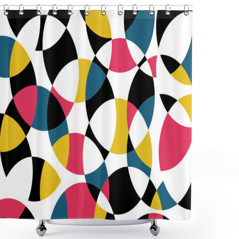 Personality  Abstract Background Pattern Made With Circular Geometric Shapes In Blue, Red, Yellow And Black Colors. Colorful, Playful, Trendy And Modern Vector Art. Shower Curtains