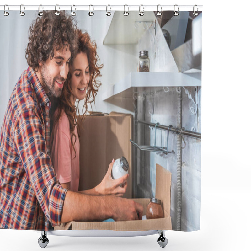 Personality  Smiling Couple Unpacking Cardboard Boxes At New Home, Girlfriend Holding Salt Maid Shower Curtains