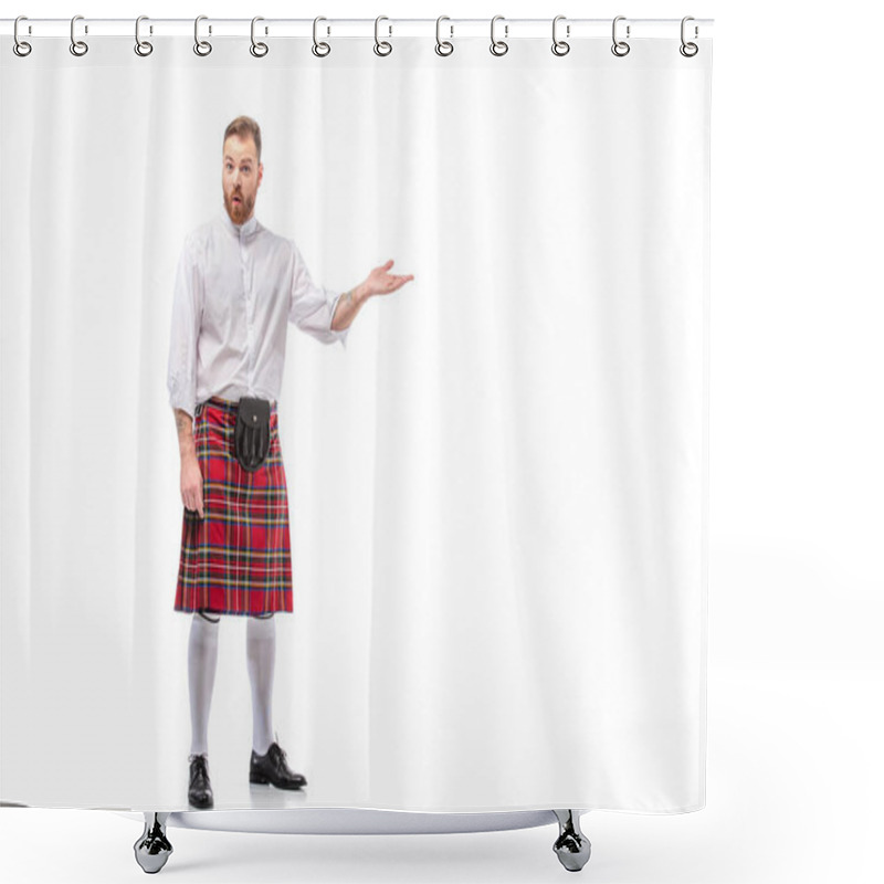 Personality  Surprised Scottish Redhead Bearded Man In Red Tartan Kilt Pointing With Hand On White Background Shower Curtains