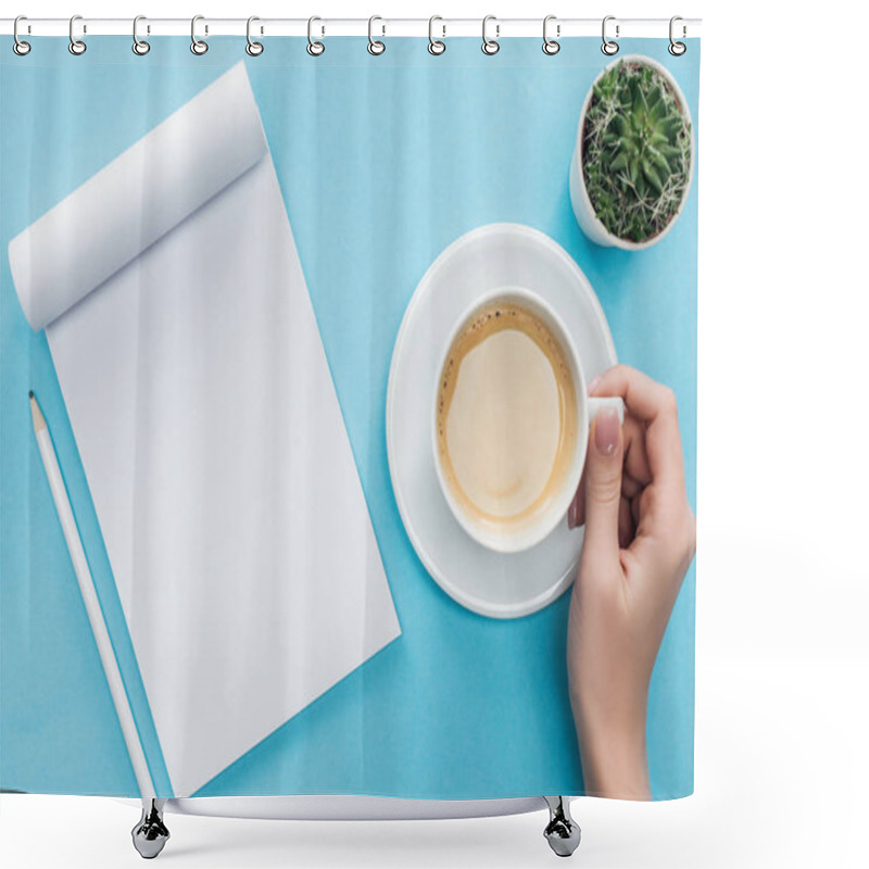 Personality  Cropped View Of Person Holding Cup Of Coffee, Blank Notebook And Pencil On Blue Background Shower Curtains