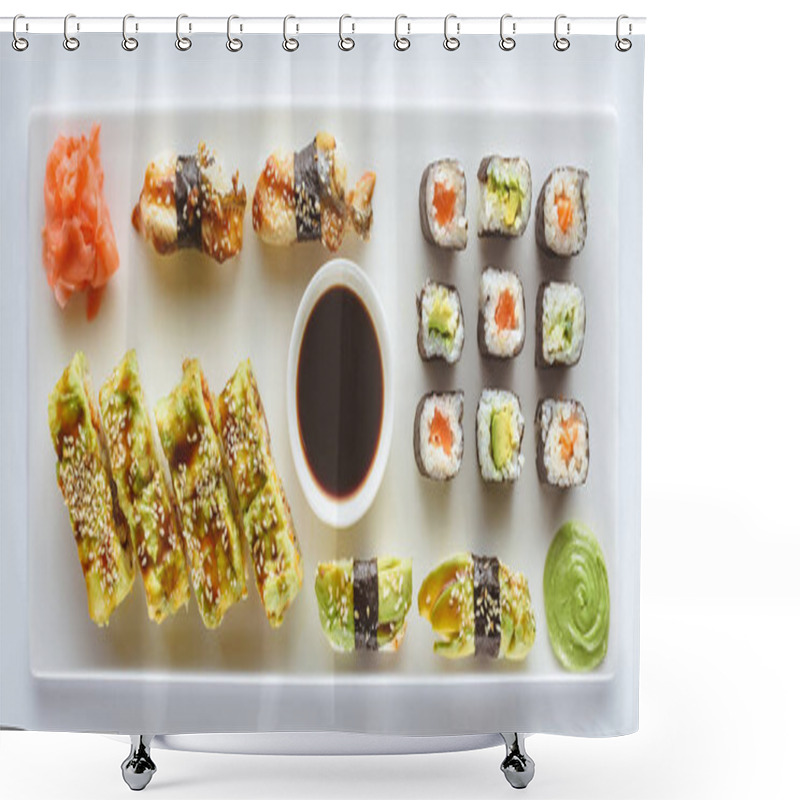 Personality  Close-up View Of Delicious Sushi Set With Ginger, Wasabi And Soy Sauce Isolated On White  Shower Curtains