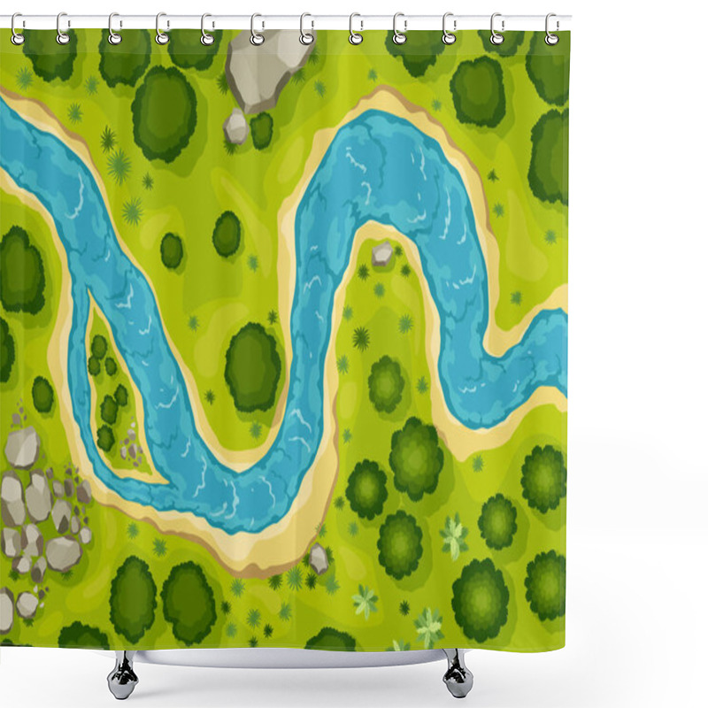 Personality  Top View River Landscape. Summer Beautiful Valley, Scenic Picturesque Natural Stream. River With Trees On Shore. Landscape With Winding River. Vector Illustration. Shower Curtains