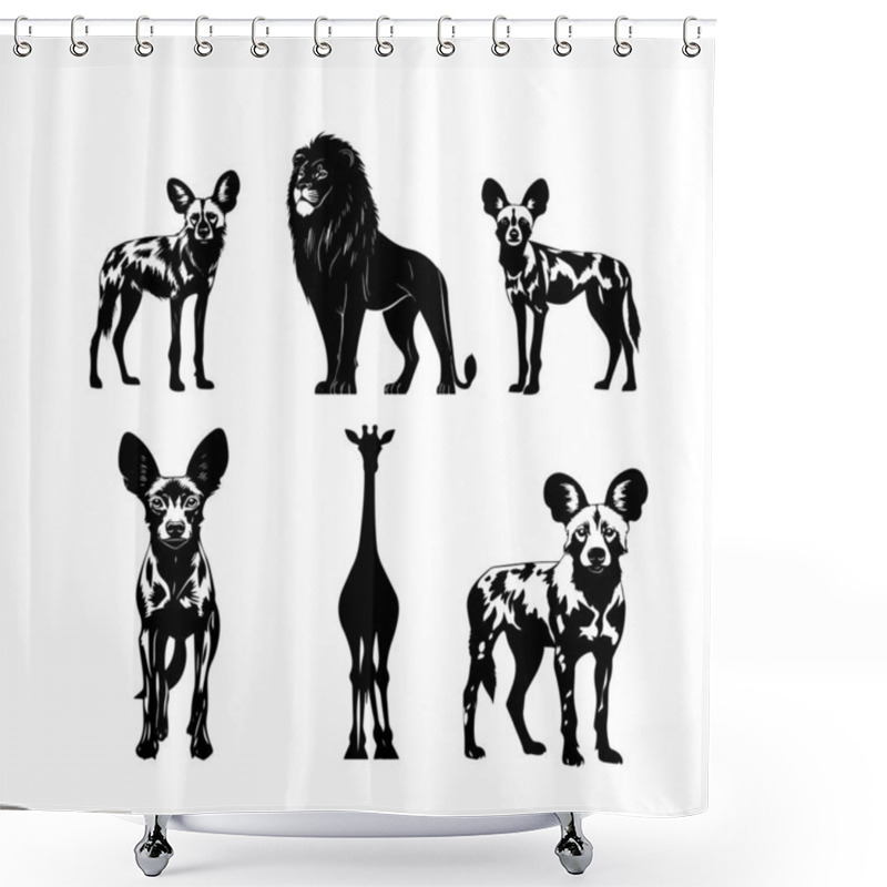 Personality  Silhouettes Of African Wildlife Including Giraffes, Zebras, And Rhinos On A White Background. Silhouettes Shower Curtains