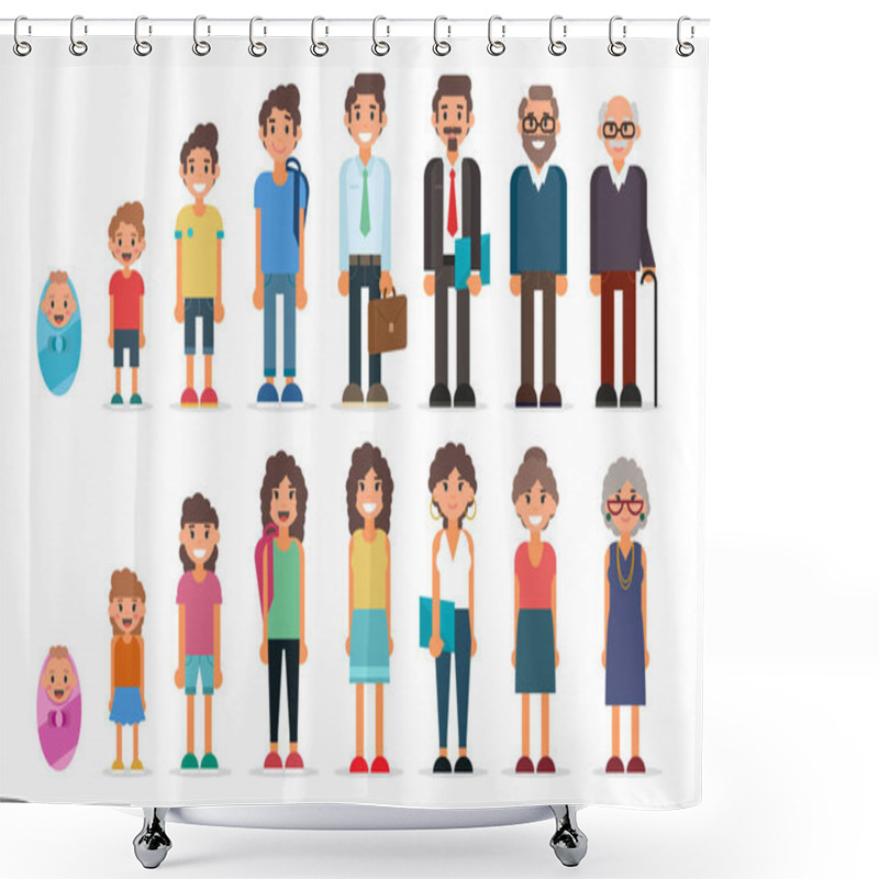 Personality  People In Different Ages, Collection Of Men And Women Set, Childhood, Adulthood. Characters Illustration In Flat Style Shower Curtains