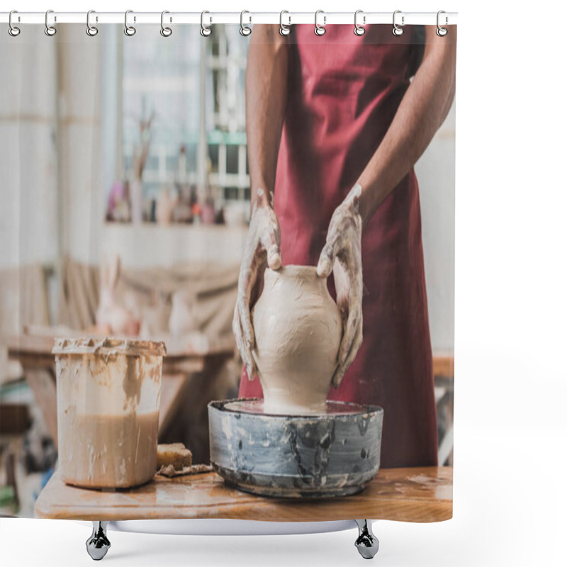 Personality  Partial View Of Young African American Man Sculpting Pot On Wheel Near Plastic Box With Water In Pottery Shower Curtains