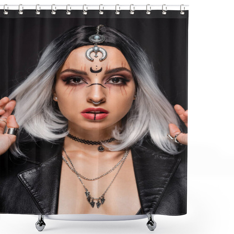 Personality  Portrait Of Woman In Witch Makeup And Accessories Touching Ash Blonde Hair Isolated On Black Shower Curtains