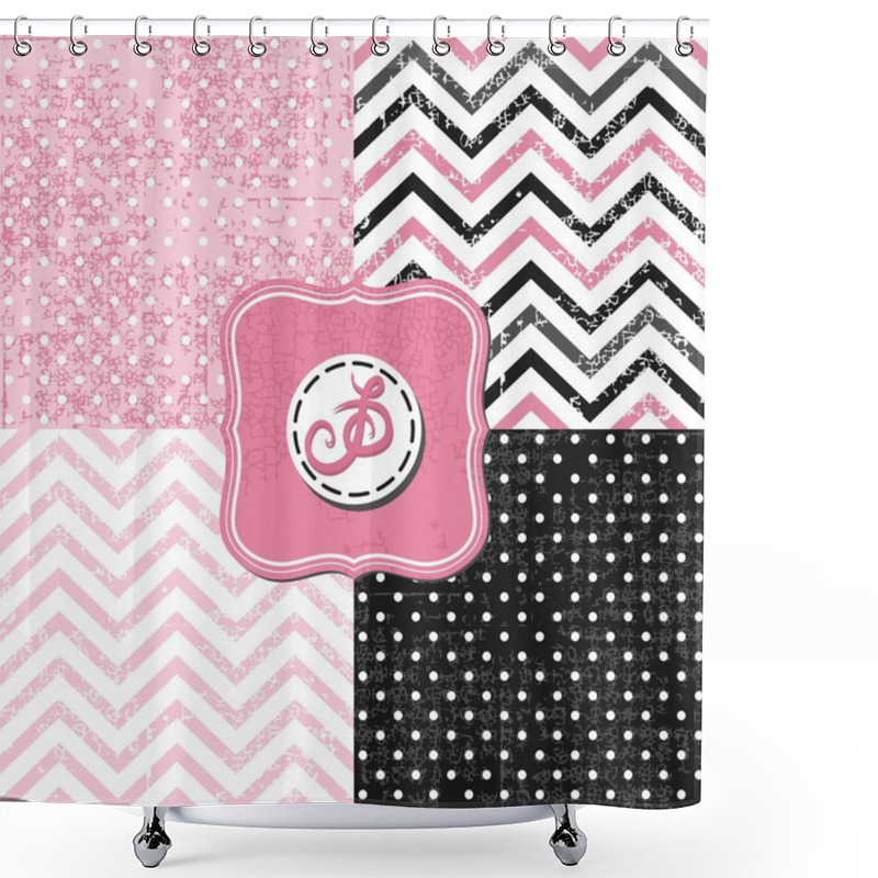 Personality  Little Polka Dots And Chevron Black White Pink Gray Geometric Crackle Backgrounds Set With Vintage Frames Shower Curtains