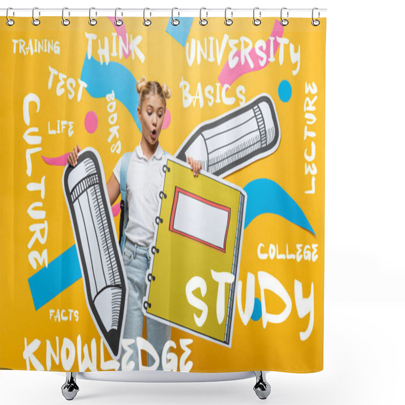 Personality  Shocked Schoolchild Holding Paper Notebook And Pencil Near Lettering On Yellow  Shower Curtains