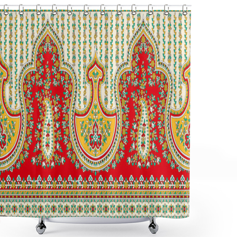 Personality  It's A Unique Digital Traditional Geometric Ethnic Border, Floral Leaves Baroque Pattern And Mughal Art Elements, Abstract Texture Motif, And Vintage Ornament Artwork Combination For Textile Printing. Shower Curtains