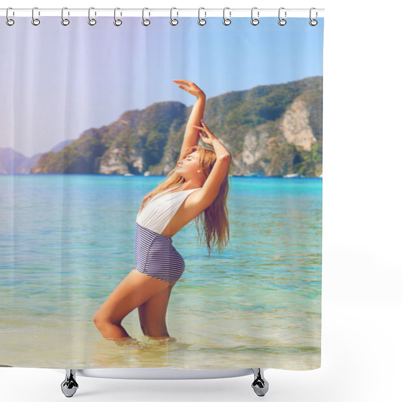 Personality  Tan Woman Posing At Tropical Island Shower Curtains