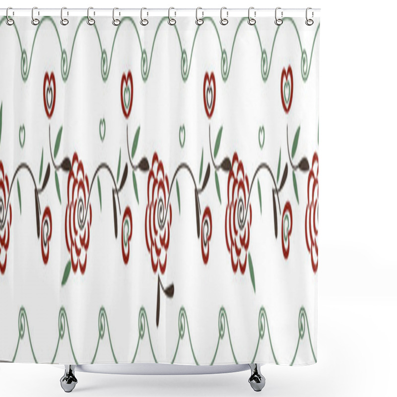 Personality  Seamless Vector Border Print With Folk Roses Heartsand Leaves Shower Curtains