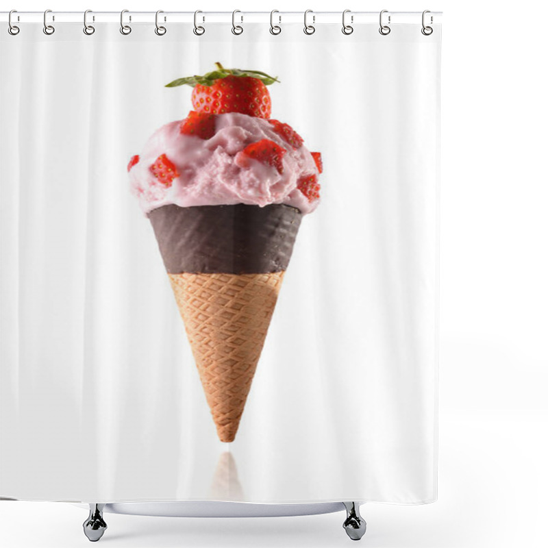 Personality  Strawberry Flavored Cream Ice Cream With Pieces Of Fruit Isolated White Background On Semi-dipped Chocolate Cone Shower Curtains