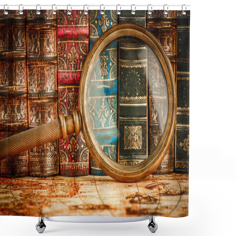 Personality  Ancient Old Books And Magnifying Glass Shower Curtains