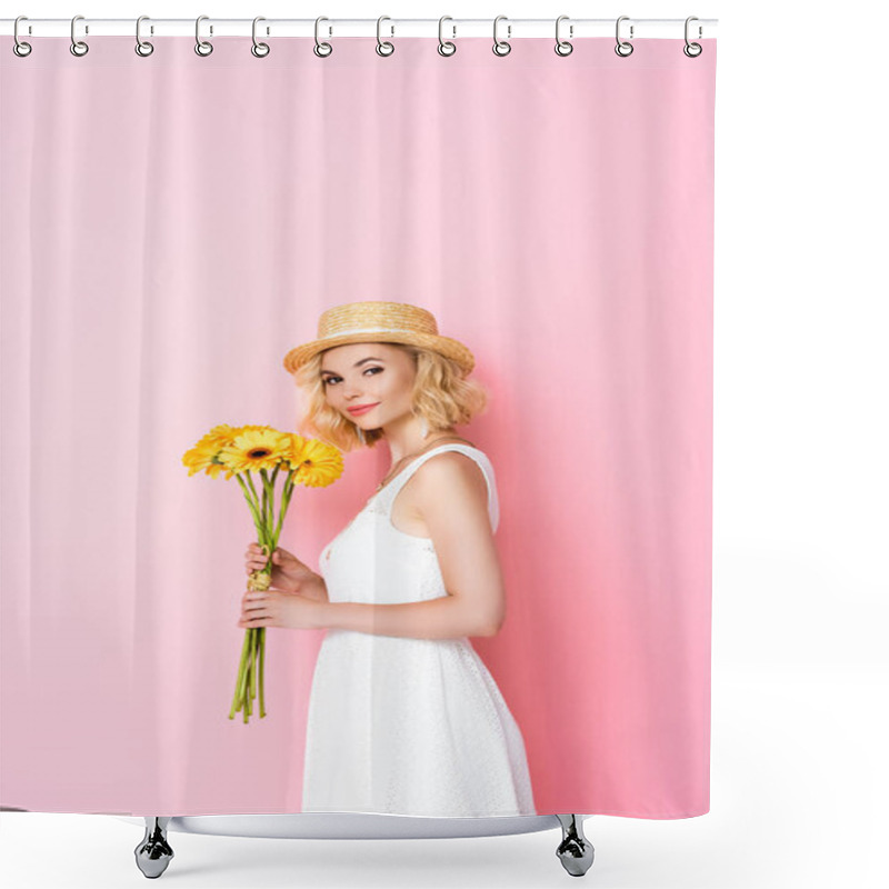 Personality  Young Woman In Straw Hat And Dress Holding Yellow Flowers On Pink  Shower Curtains