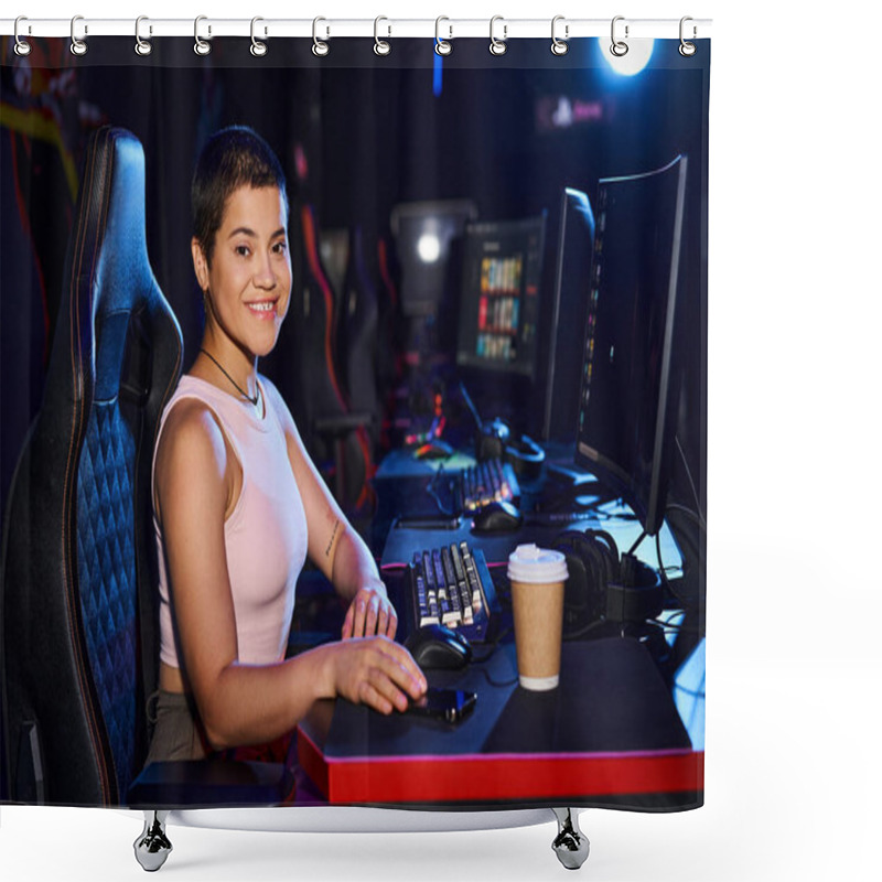 Personality  Happy Zoomer Age Woman Sitting At A Desk With Computer Monitor And Cup Of Coffee, Cybersport Games Shower Curtains