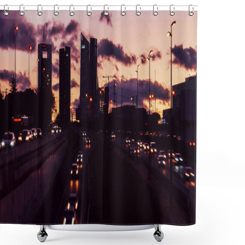 Personality  Long Exposure Of Heavy Commuter Highway Traffic In Madrid, Spain Shower Curtains