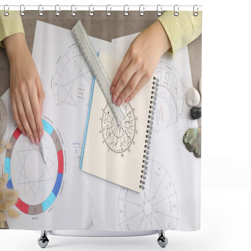 Personality  Astrologer Using Zodiac Wheel For Fate Forecast At Table, Top View. Fortune Telling Shower Curtains