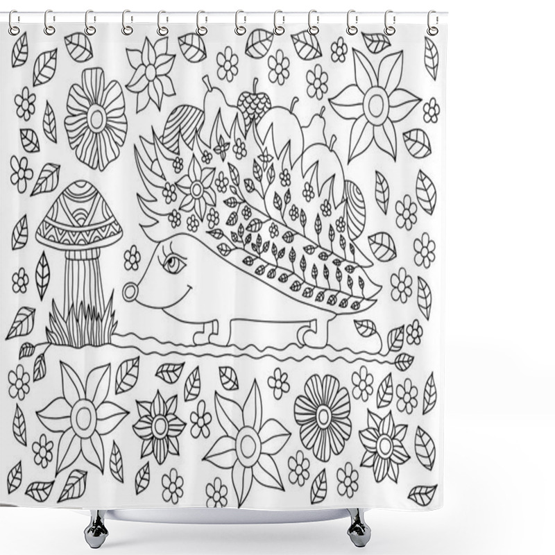 Personality  Monochrome Ink Drawing. Cute Hedgehog With Fruits And Mushrooms Shower Curtains