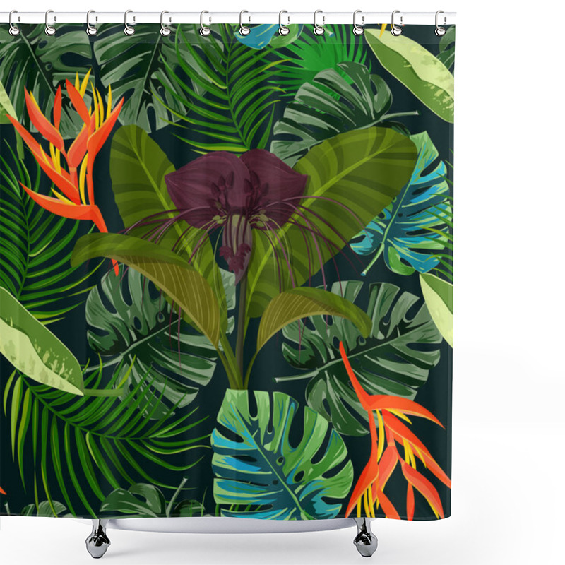 Personality  Tropical Exotic Plant Seamless Pattern. Dark Purple Tacca Flower And Heliconia Background. Shower Curtains