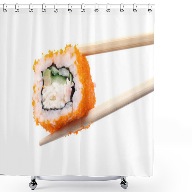 Personality  Sushi With Chopsticks Isolated Over White Background Shower Curtains