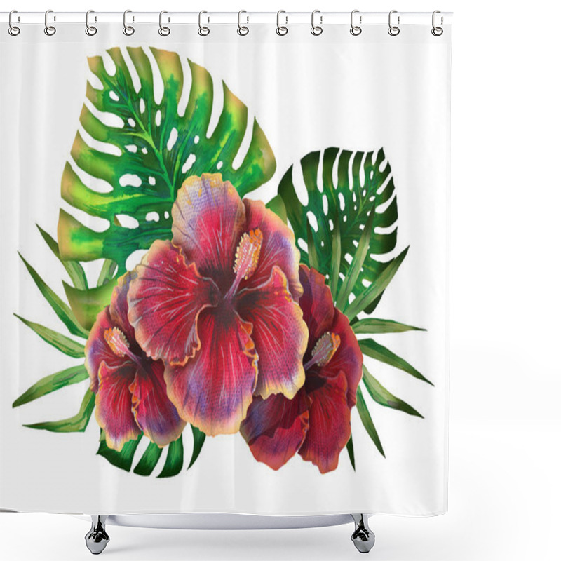 Personality  Watercolor Summer Tropical Design For Banner Or Flyer With Exotic Palm Leaves, Hibiscus Flowers Shower Curtains