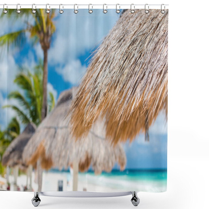 Personality  Tropical View Of Turquoise Lagoon With Beach Sunshades At Exotic Idyllic Sandy Beach Shower Curtains