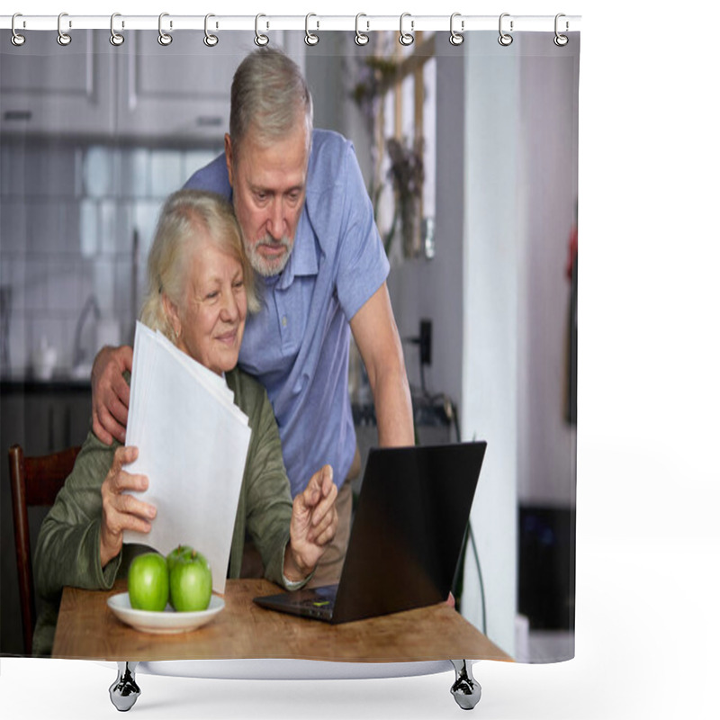 Personality  Worried Senior Couple Checking Finances At Home Using Laptop Shower Curtains