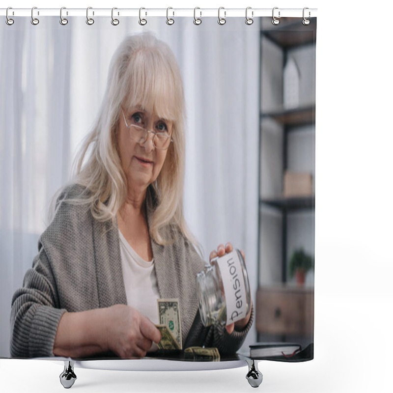 Personality  Senior Woman Looking At Camera, Holding Glass Jar With 'pension' Word And Counting Money  Shower Curtains