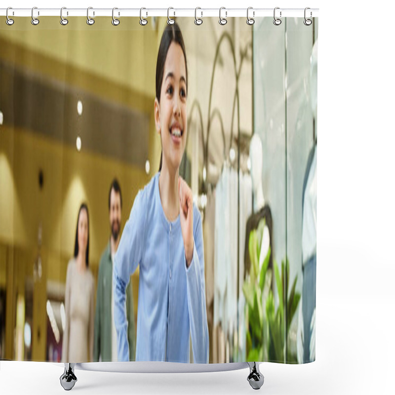 Personality  A Kid Energetically Runs Through A Bustling Shopping Mall Filled With Shoppers And Stores. Shower Curtains