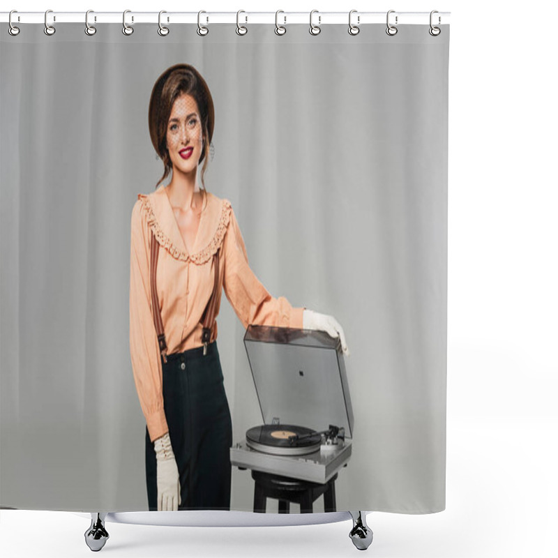 Personality  Happy Woman In Retro Clothes Smiling At Camera While Touching Record Player Isolated On Grey Shower Curtains