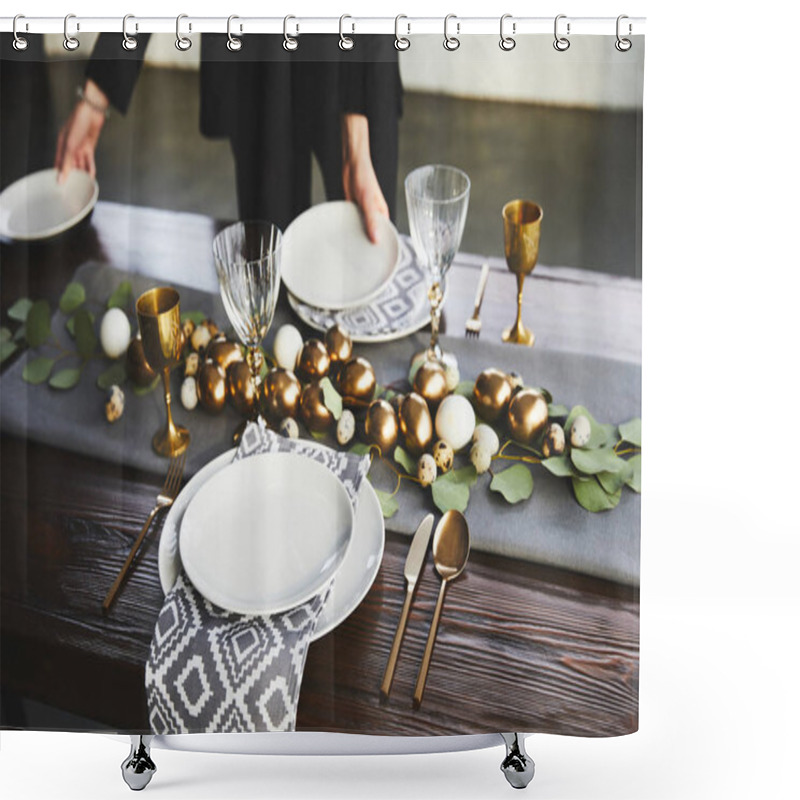 Personality  Cropped Image Of Waiter Serving Easter Table In Restaurant Shower Curtains