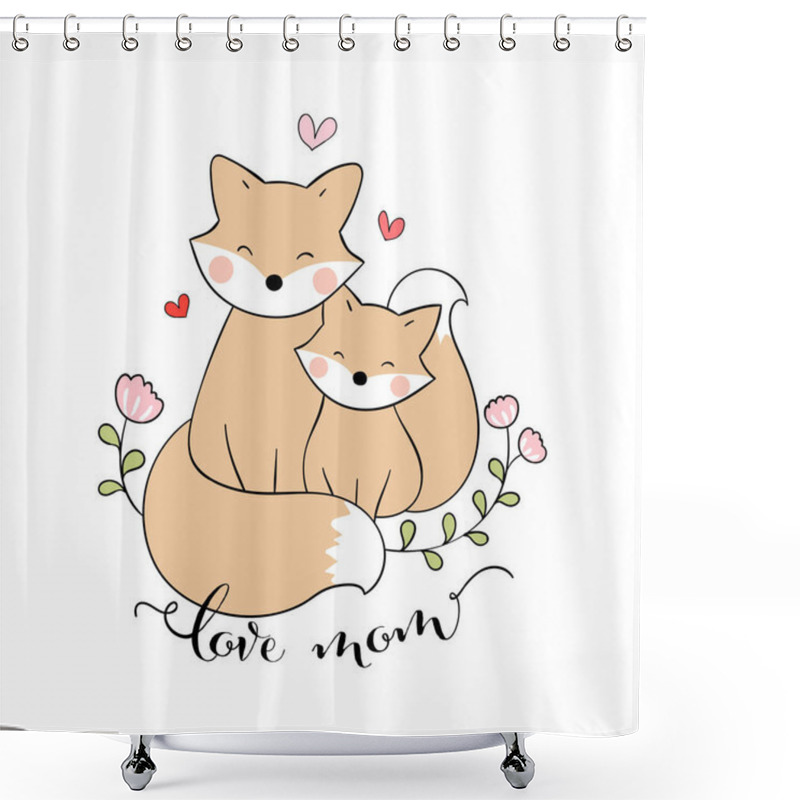 Personality  Cute Mom Fox And Baby With Little Hearts Isolated On White Background Shower Curtains