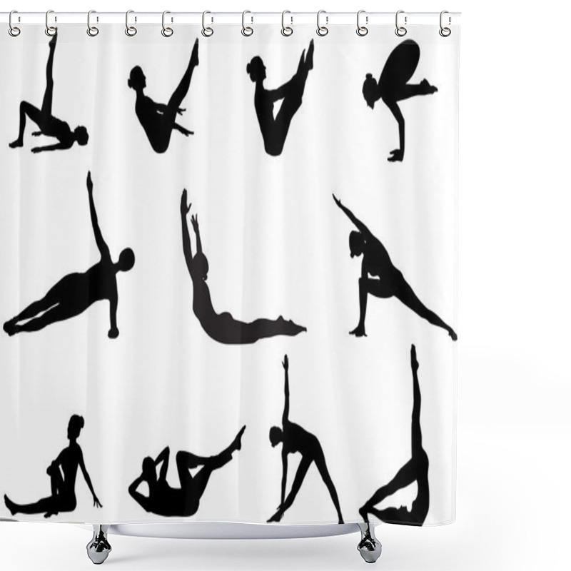 Personality  Pilates Silhouettes Of Working Out And Stretching On The White B Shower Curtains