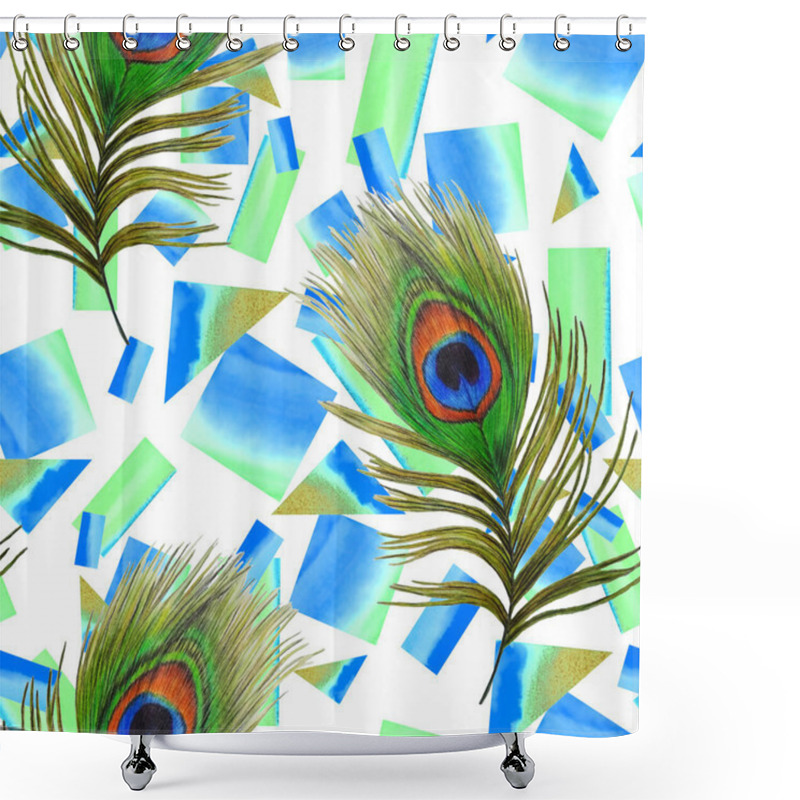 Personality  Decorative Seamless Pattern With Beautiful Peacock Feathers And Watercolour Geometric Shapes. Creative Trendy Print. For Surface Design. Shower Curtains