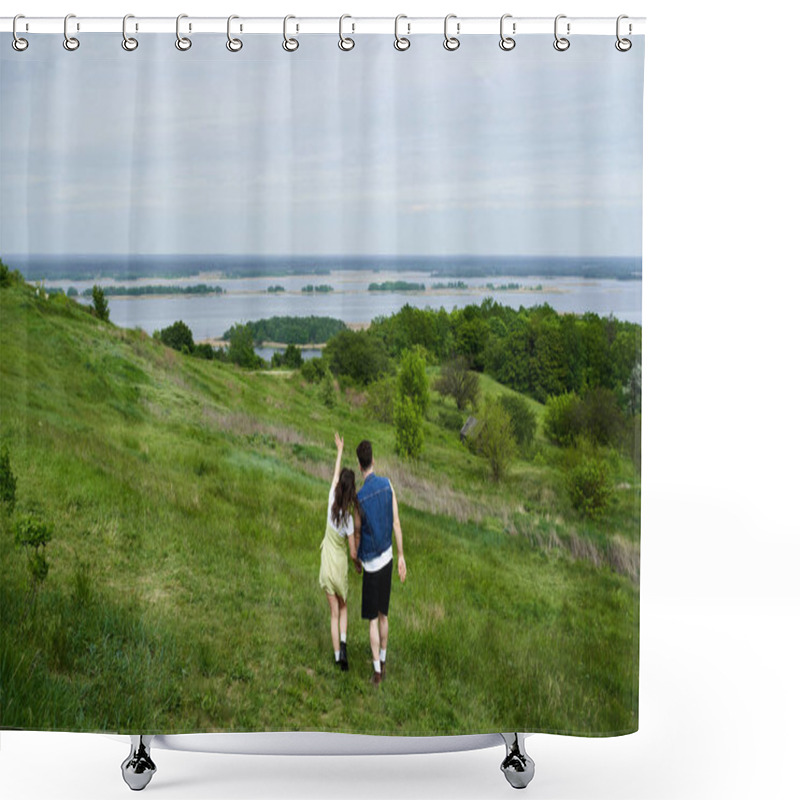 Personality  Back View Of Stylish Couple In Summer Outfits Holding Hands And Standing On Grassy Field With Scenic View And Cloudy Sky At Background, Couple In Love Enjoying Nature, Tranquility Shower Curtains