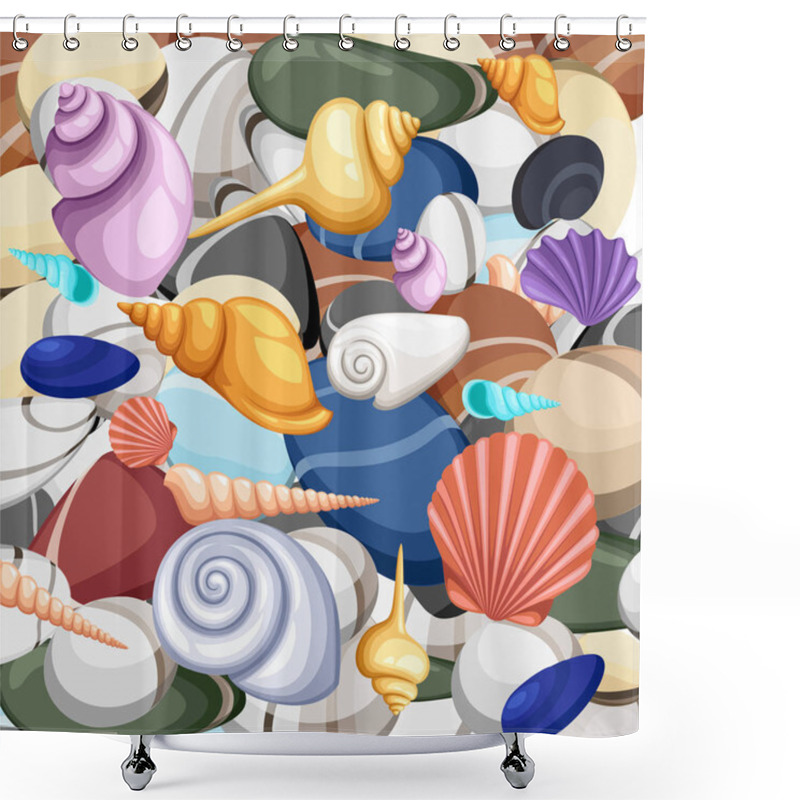 Personality  Stones Frame Of Sea Shells, Vector Illustration.Summer Concept With Shells And Sea Stars. Round Composition, Starfish, Nature Aquatic. Vector Illustration Shower Curtains