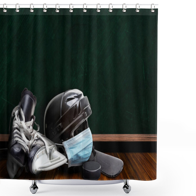 Personality  Ice Hockey Helmet Wearing Surgical Mask On A Background Chalk Board With Copy Space For Text. Concept Of COVID-19 Coronavirus Pandemic Affecting Ice Hockey Season Due To Game Or League Suspensions Or Cancellations. Shower Curtains