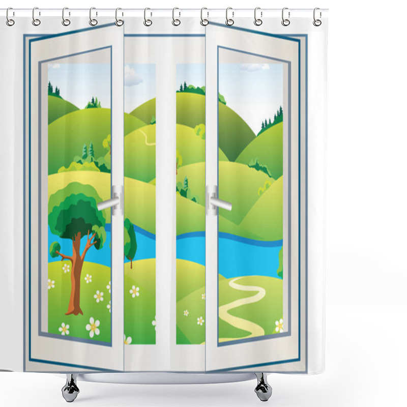 Personality  Landscape In The Open Window Shower Curtains