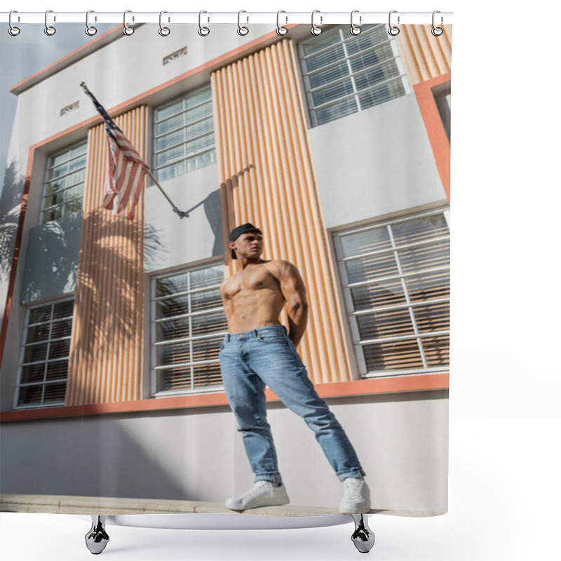 Personality  Shirtless Cuban Man In Baseball Cap And Jeans Standing On Parapet Near Building With American Flag  Shower Curtains