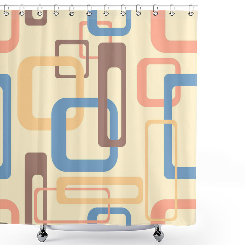 Personality  Geometrical Seamless Pattern With Rounded Sqaures In Pastel Blue, Pink And Brown Color On Yellow Background. Retro Vintage Style For Fabric, Wallpaper, Wrapping Paper, Textile, Textures. Vector Eps10 Shower Curtains