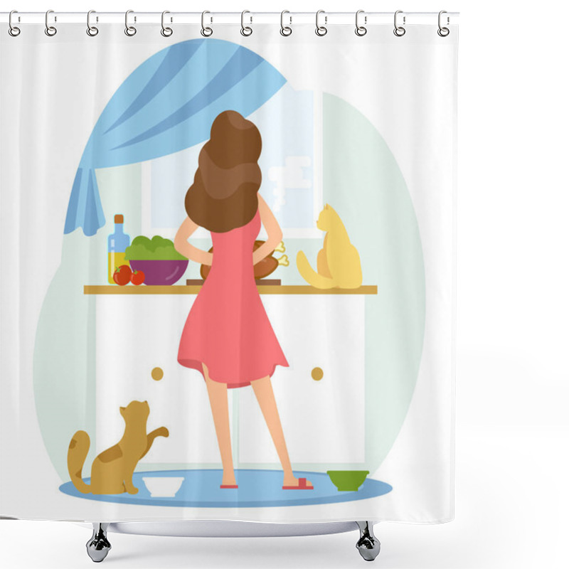 Personality  Girl Is Cooking In The Kitchen Whis Her Cats. Shower Curtains