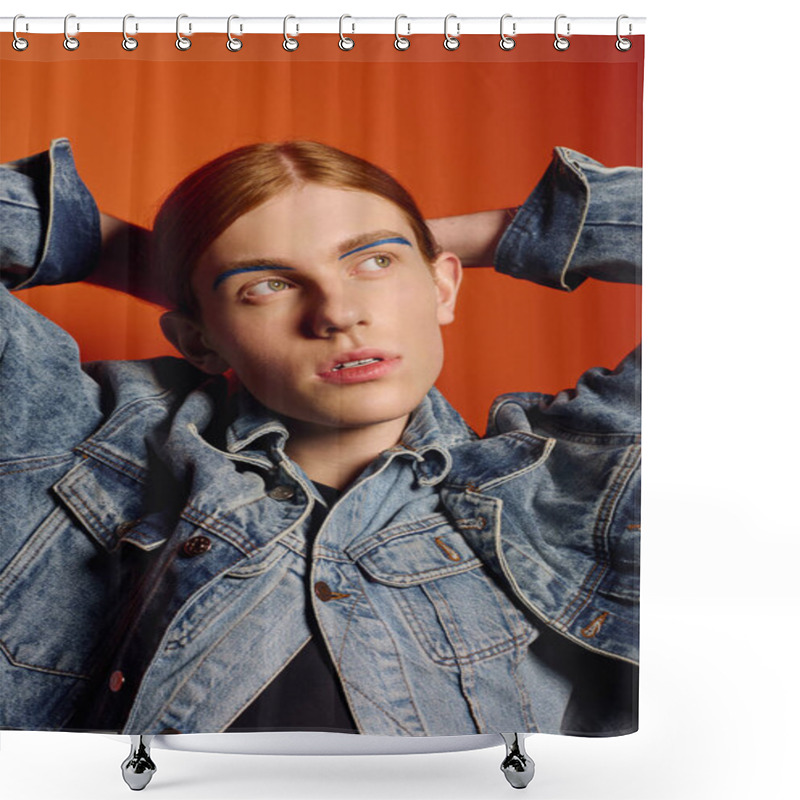 Personality  Young Man With Striking Red Hair Showcases Deep Emotions In A Denim Jacket Against Vivid Colors. Shower Curtains