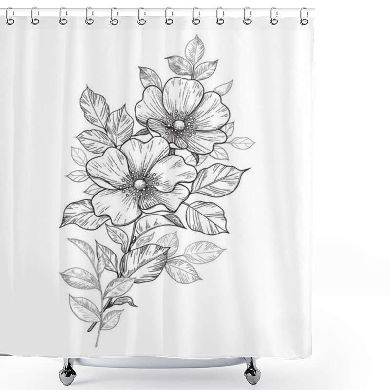 Personality  Hand Drawn Dog-rose Branch With Flowers And Leaves Isolated On White. Vector Line Art Monochrome Elegant Floral Composition In Vintage Style, Tattoo Design, Coloring Page, Wedding Decoration. Shower Curtains