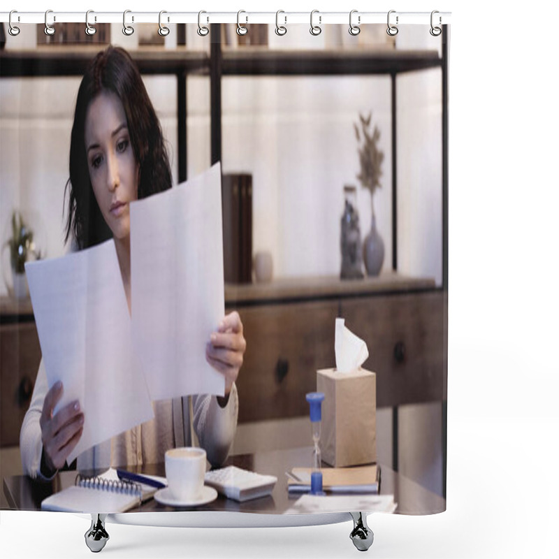 Personality  Serious Woman Sitting On Table With Cup Op Coffee And Reading Documents At Home Shower Curtains