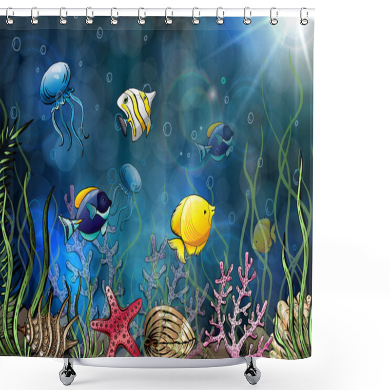 Personality  Composition Of Seashells, Starfish, Jellyfish. Underwater World. Sea Background. Vector Illustration. Shower Curtains