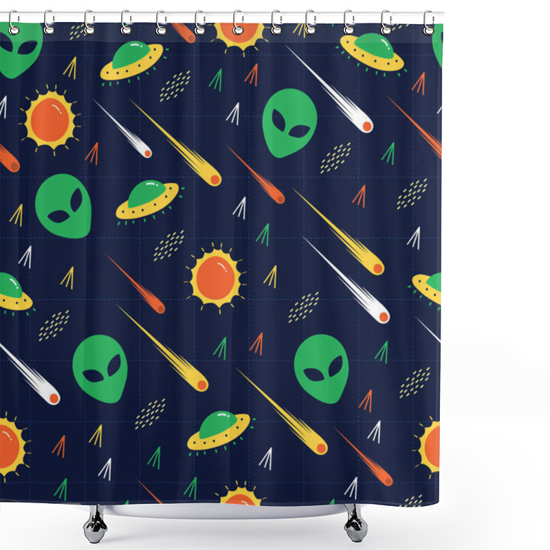 Personality  Alien, Ufo, Comet Invasion Star Wars. A Playful, Modern, And Flexible Pattern For Brand Who Has Cute And Fun Style. Repeated Pattern. Happy, Bright, And Magical Mood. Shower Curtains