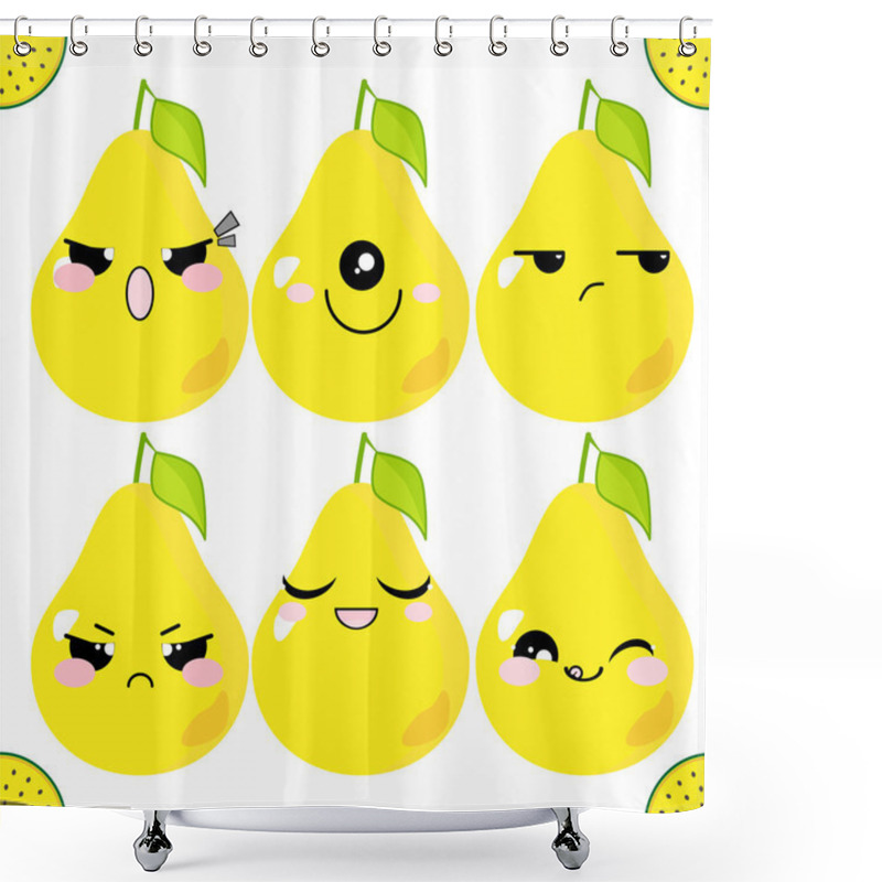 Personality  Vector Icons Set. Kawaii Pears With Leaves And Muzzles. Funny, Cute, Sweet Emotions, Smiles. On White Background. Flat Cartoon Style Shower Curtains